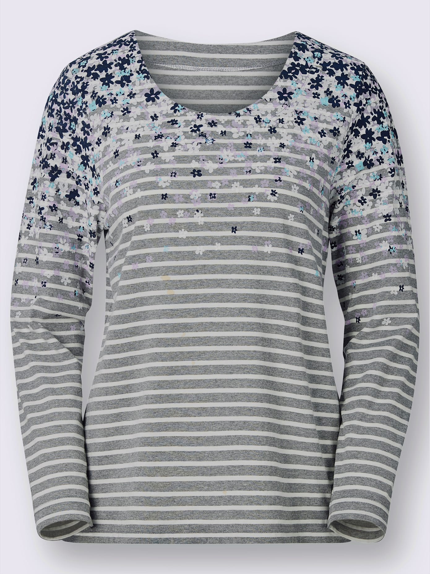 T-shirt rayé imprimé fleurs col rond manches longues