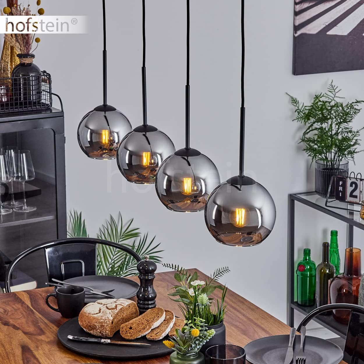 Hängeleuchte Koyoto, Hängelampe aus Metall/Glas in Schwarz/Chromfarben, Leuchte 4-flammig im Vintage/Retro Design mit Schirmen aus Glas (Ø 15 cm), Höhe max. 147,5 cm, 4 x E27, ohne Leuchtmittel