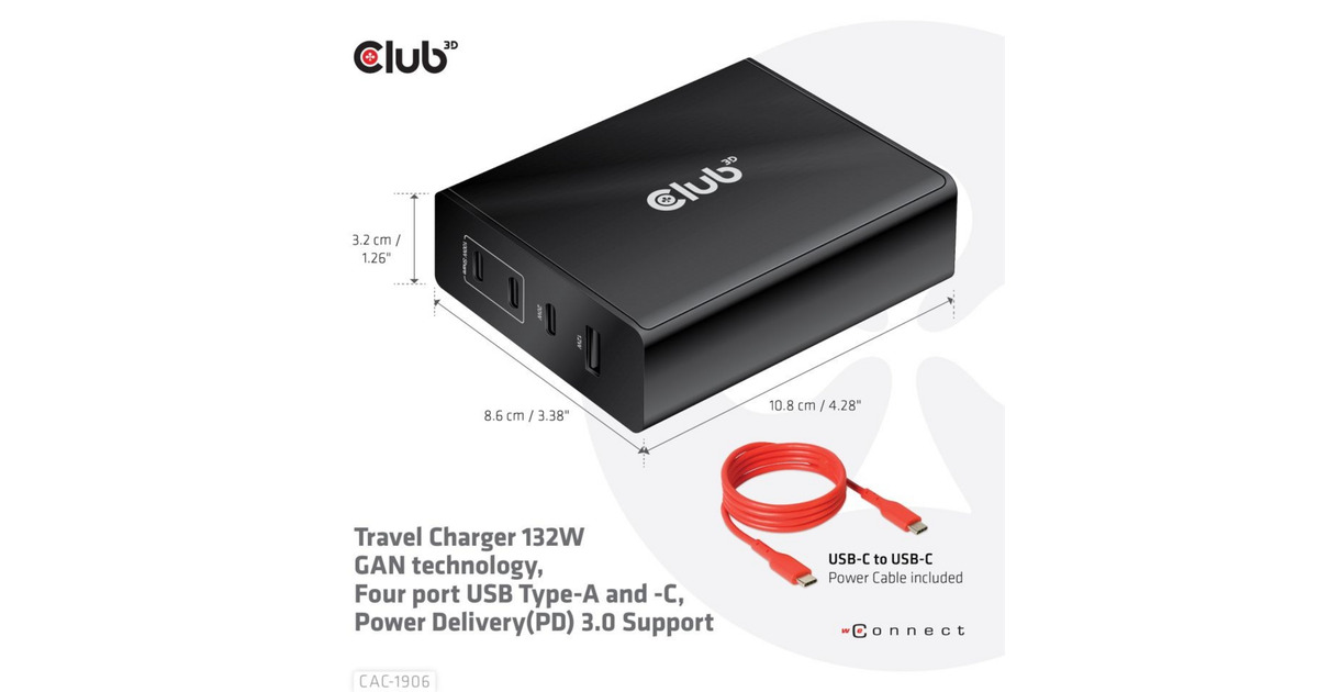 Club 3DTravel Charger 132W GAN technology  (Zwart, USB-A, USB-C, Power Delivery (PD) 3.0)