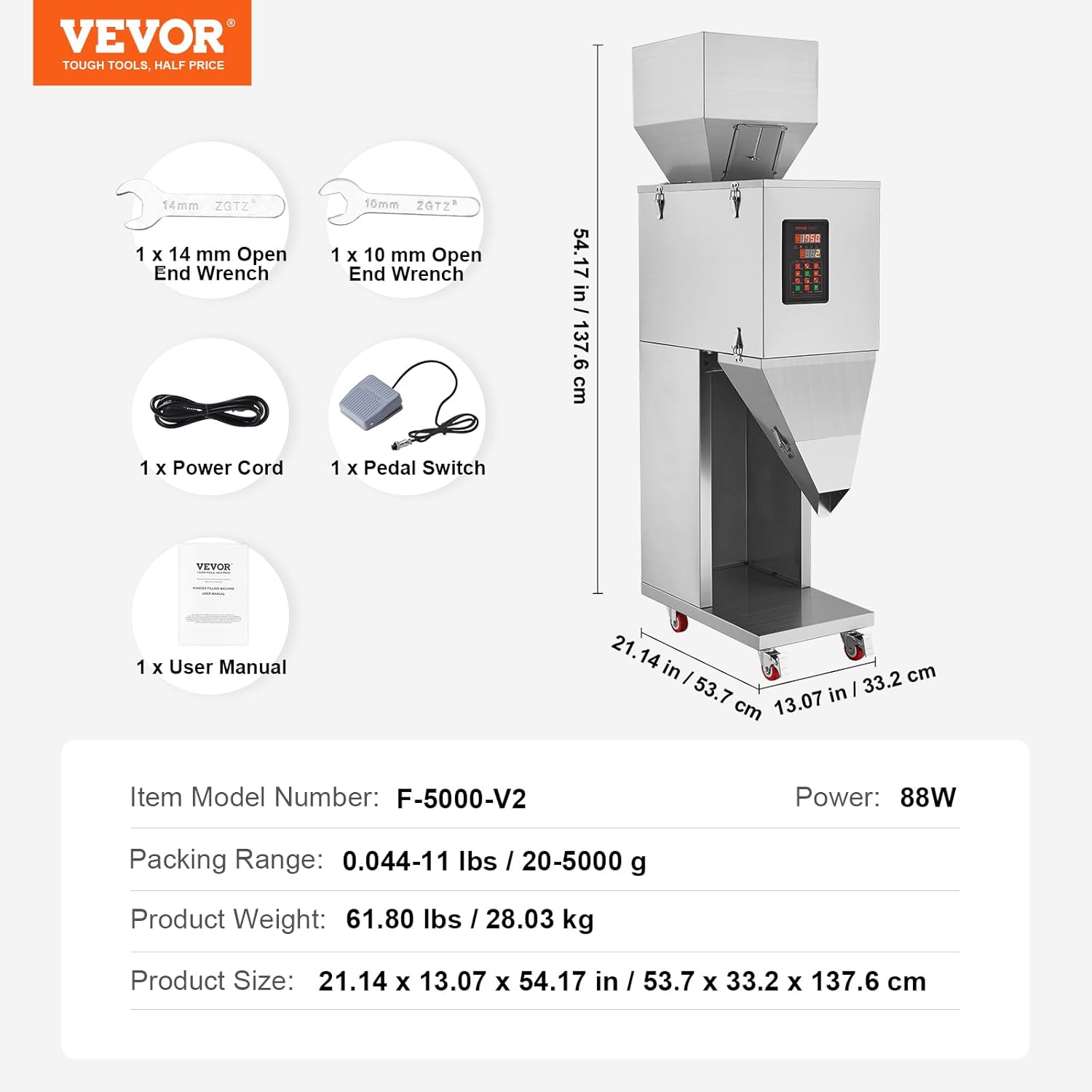 VEVOR Partikelfüllmaschine, 20–5000 g, automatische Füllmaschine mit Fußpedal, Edelstahl-Wiegefüllmaschine, Wiegefüller für Bohnen, Samen, Körner, Tee, Granulatverpackung