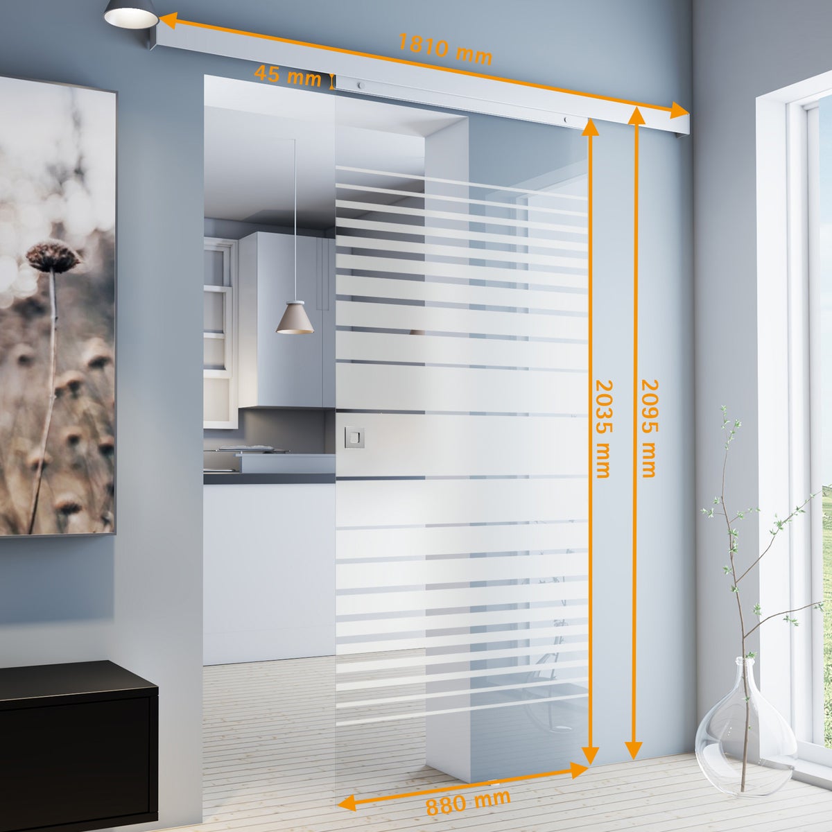 Schuifdeur van glas, gestreept, 880x2035 mm, binnendeur, glazen schuifdeur - vierkante greep + 2-zijdige softclose