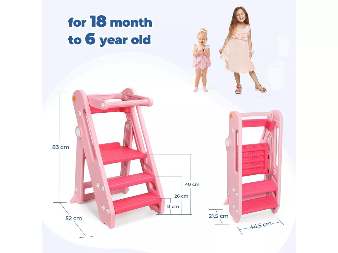 Onasti Chaise Haute Bébé HDPE,Tour d'Apprentissage 18 mois-6 ans Hauteur Réglable,Repose-pieds Antidérapants,Pliable,Sécurité - Rose