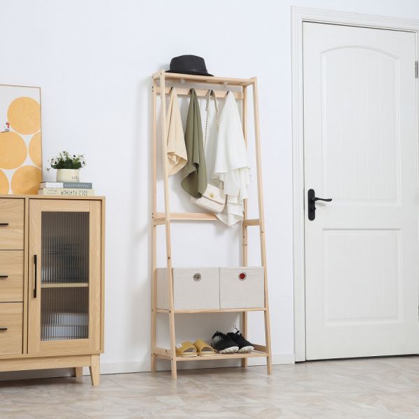 Homcom Cabide Sapateiro de Madeira 2 Prateleiras Cabide com 2 Gavetas de Tecido 4 Ganchos e Barra 58x36x168cm Natural