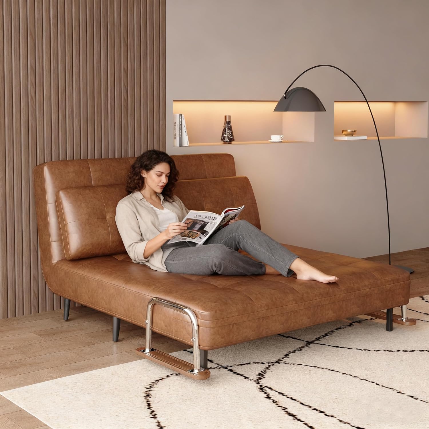 Schlafsofa-Lederoptik, modernes 2 sitzer Sofa mit schlaffunktion, schlafcouch mit Klappmatratze,klappsofa vielfältig einsetzbar für Wohnzimmer, Schlafzimmer & kleine Räume,Braunes（150cm）