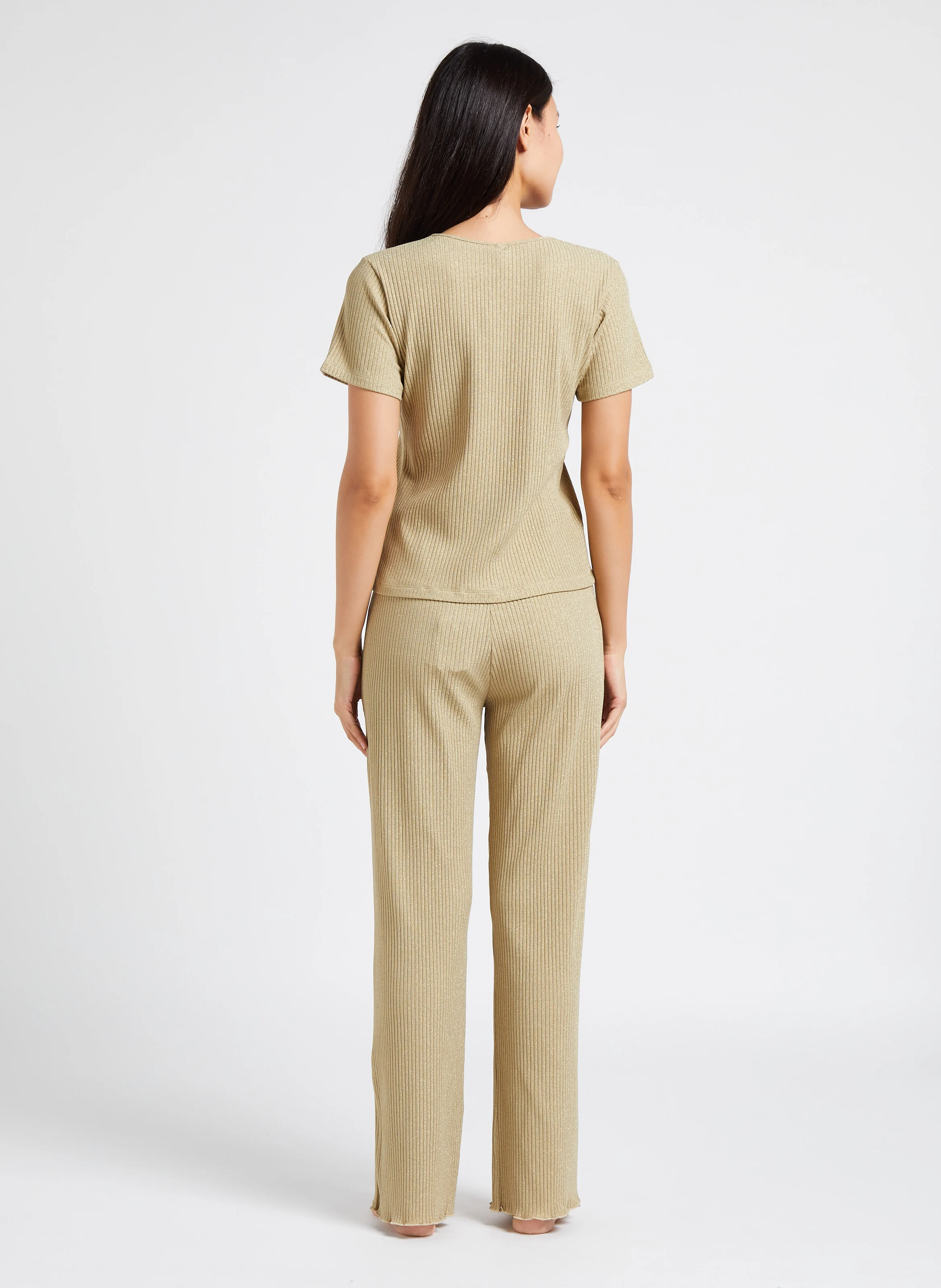 NATI - Pantalon taille haute côtelé | Beige