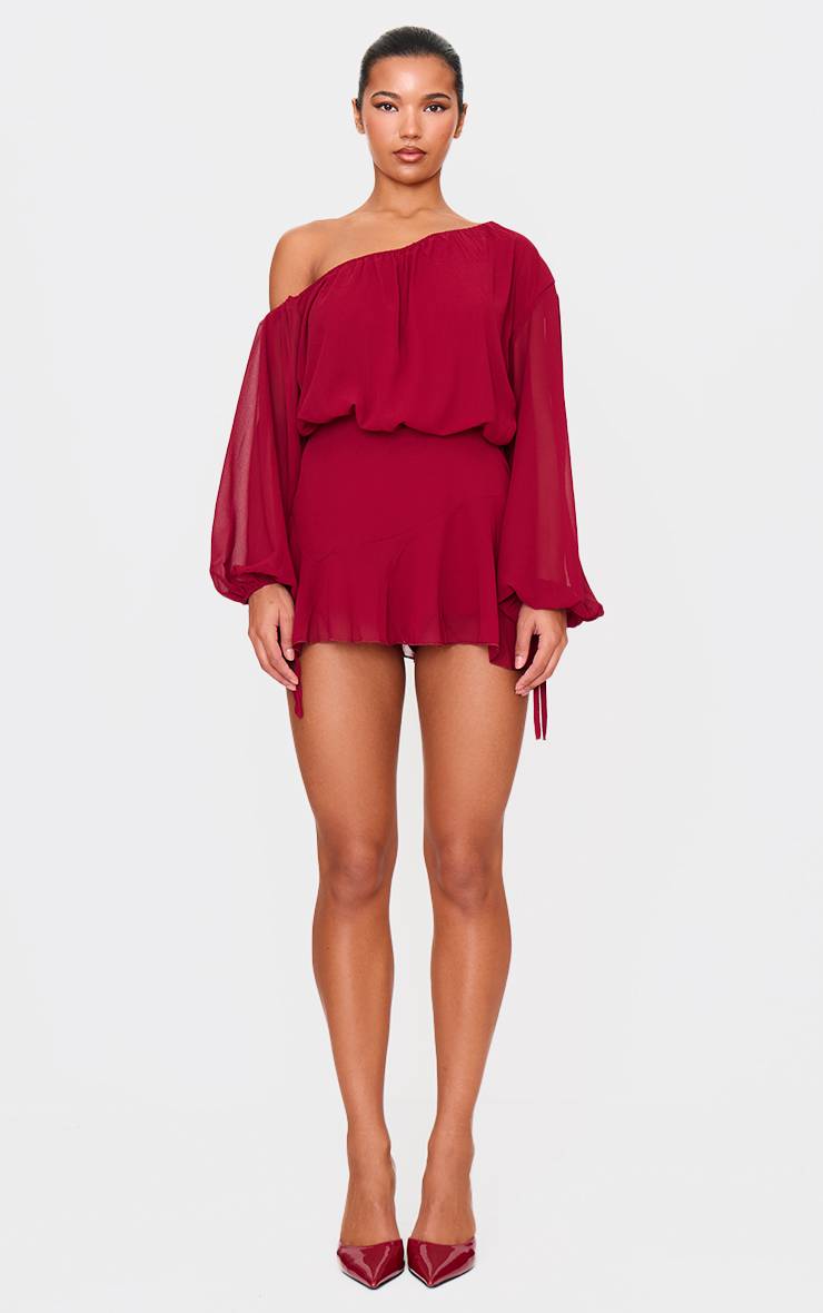 Rouge Bordeaux Combi-short Jupe-culotte En Mousseline Vert Foncé À Une Épaule Avec Détail Flottant