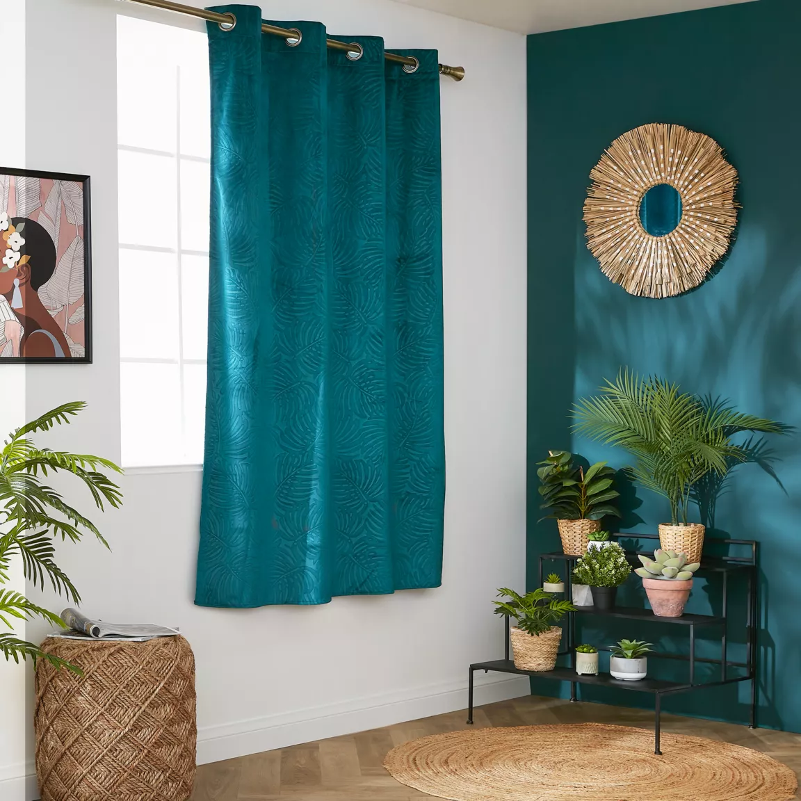Rideau obscurcissant velours (140 x 180 cm) Fern Bleu pétrole