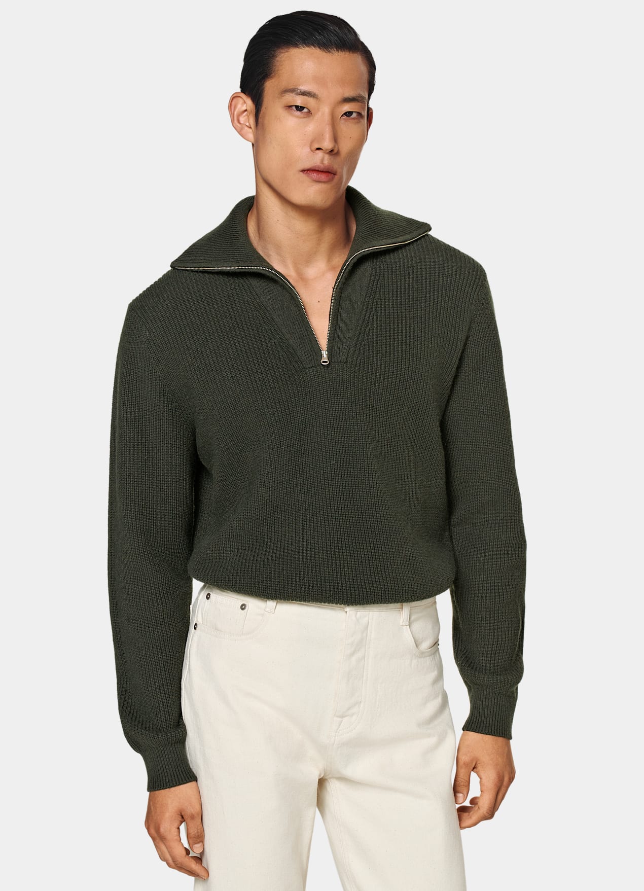 Pull semi-zippé côtelé vert foncé