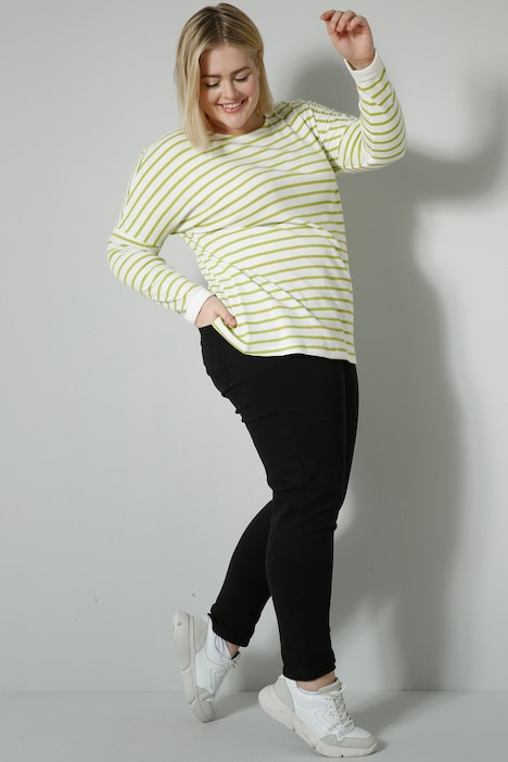 T-Shirt, oversized, Ringel, U-Boot-Ausschnitt, Langarm