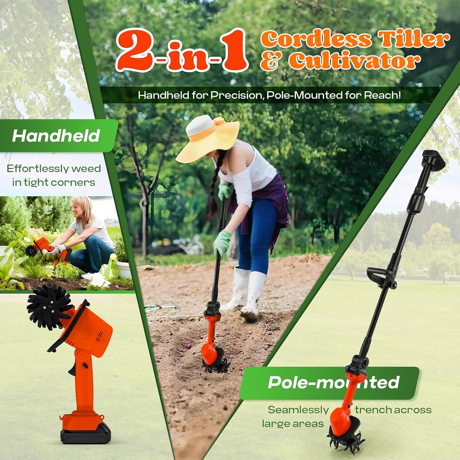 Moongiantgo 2-in-1 Akku-Motorhacke & Kultivator, Handheld/Stangenmontage mit 4 gehärteten Stahlmessern, 21V Dual-Akku für Bodenlockerung, Jäten & Furchen, 10cm Tiefe/Breite, 2×1500mAh