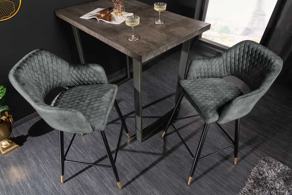 Design Barhocker PARIS grün Samt mit Lehne Metall schwarz gold Ziersteppung