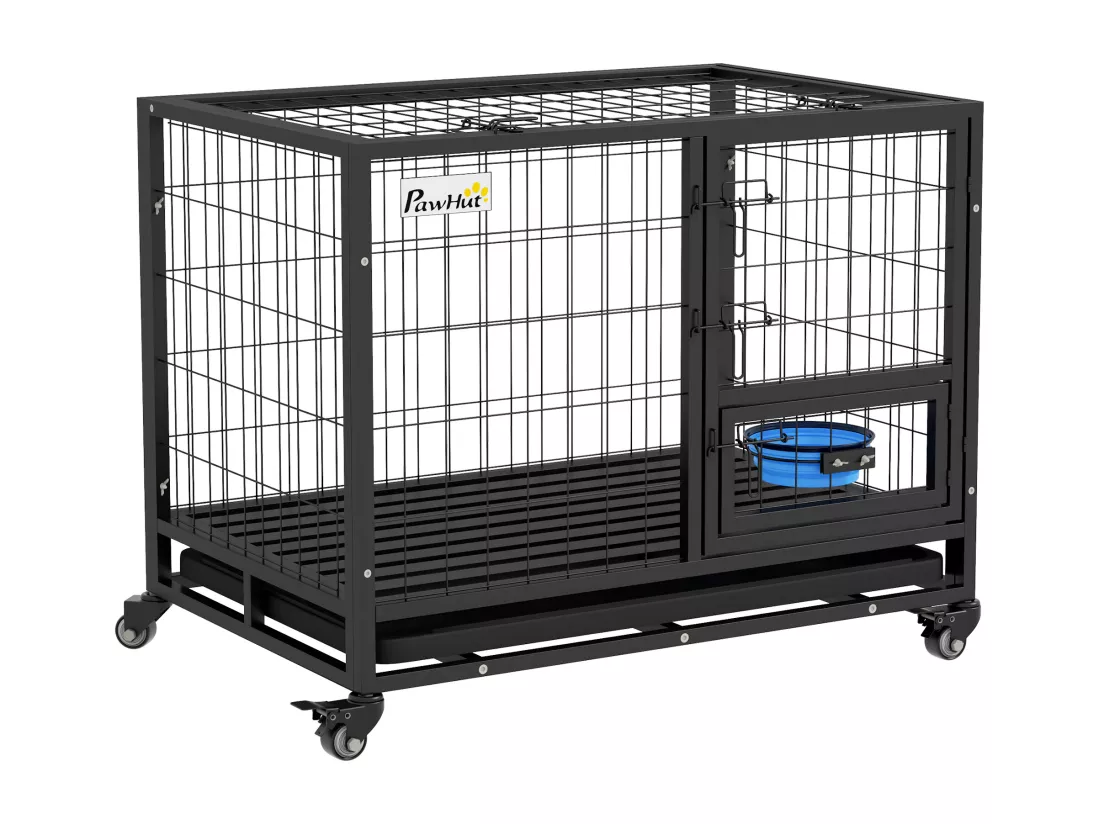 Cage pour chien sur roulettes 2 portes verrouillables - support gamelle, plateau amovible - acier noir