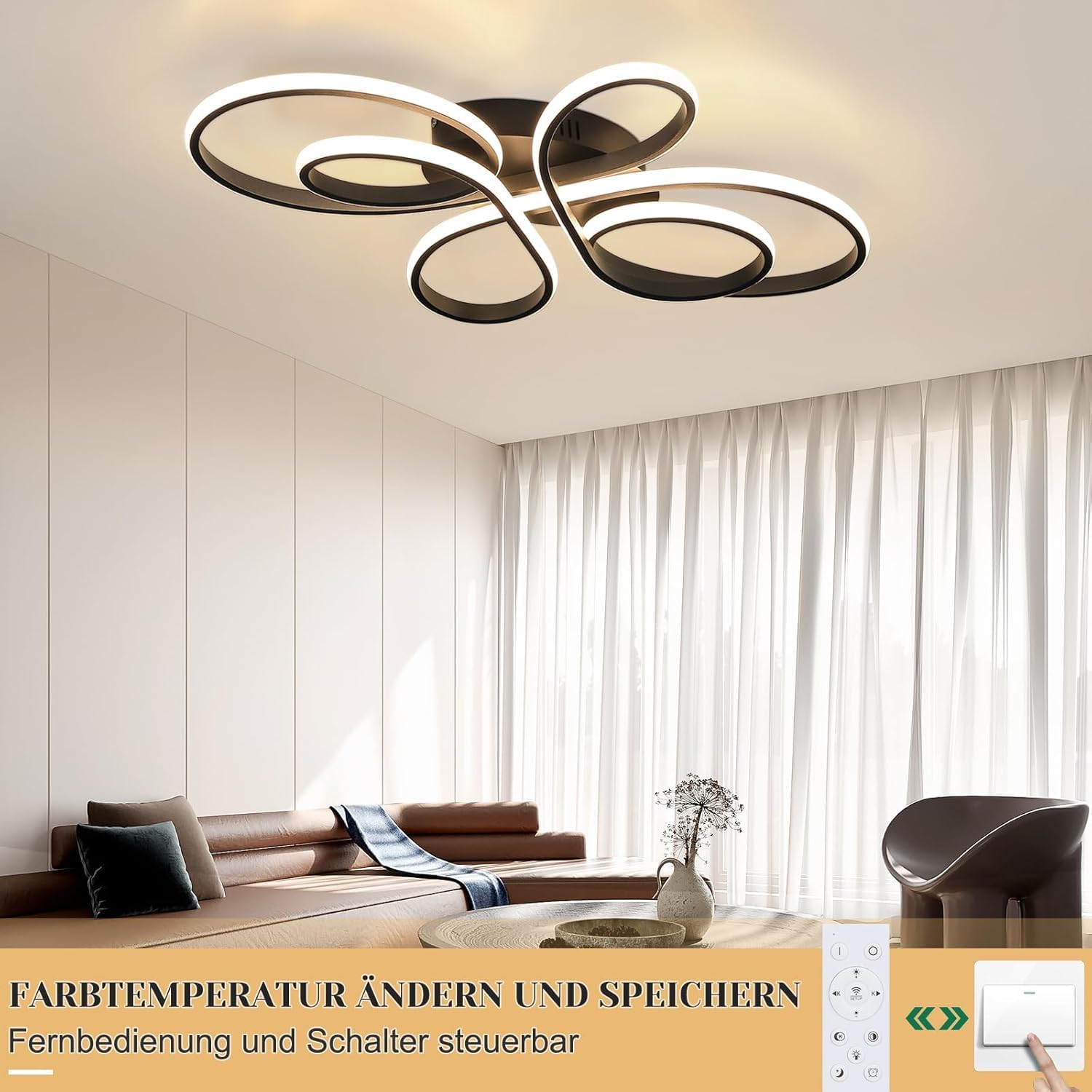 ZMH LED Deckenleuchte Deckenlampe Wohnzimmer - 100cm Wohnzimmerlampe Schwarz Groß Dimmbar Modern Design 90W Schlafzimmerlampe mit Fernbedienung Deckenbeleuchtung für Schlafzimmer Esszimmer Büro Küche
