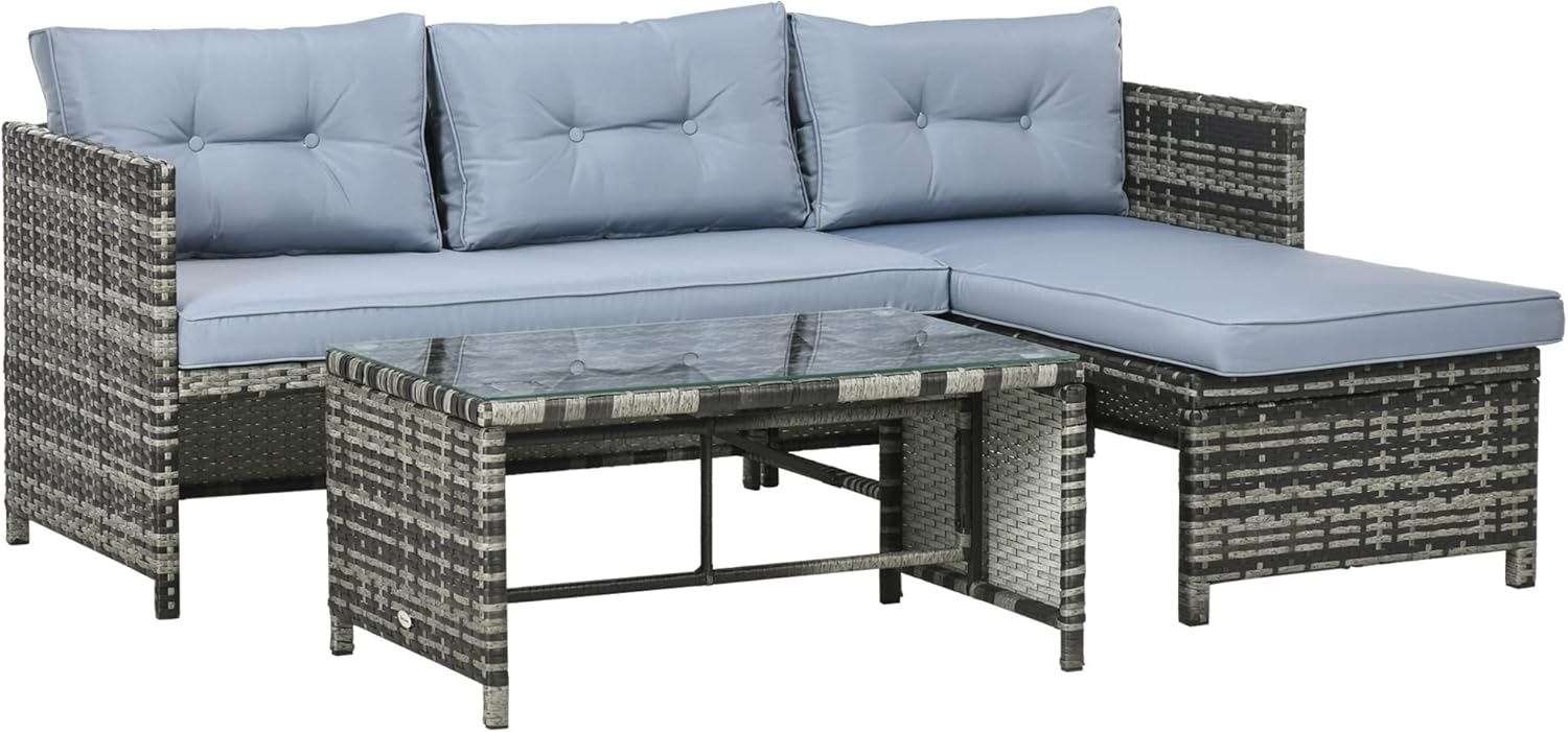 Outsunny Garden Lounge mit 2-Sitzer-Sofa, Chaise Longue und Couchtisch, PE Rattan und Glas Garten-Set mit Kissen, Grau