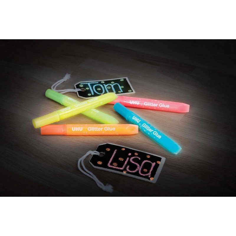Colle pailletée Glitter Glue UHU couleurs Glow in the dark - Etui de 5