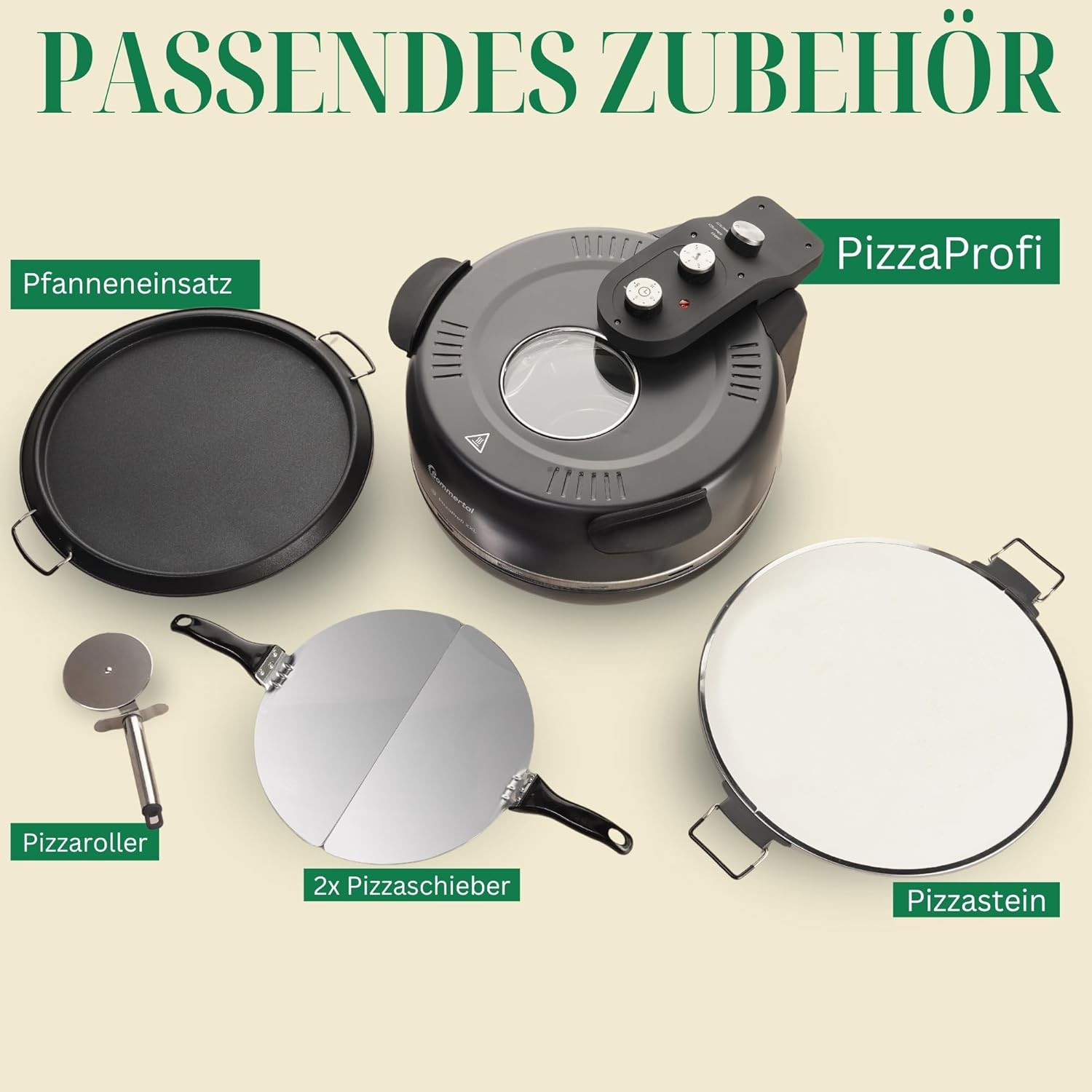 PizzaProfi XXL Pizzaofen mit 39cm Steinplatte – Pizza Ofen elektrisch, schnelle 3-Minuten Pizza, bis 380°C – 5-teiliges Set mit Pfanneneinsatz, 2x Pizzaschieber, Schneider, Pizzastein