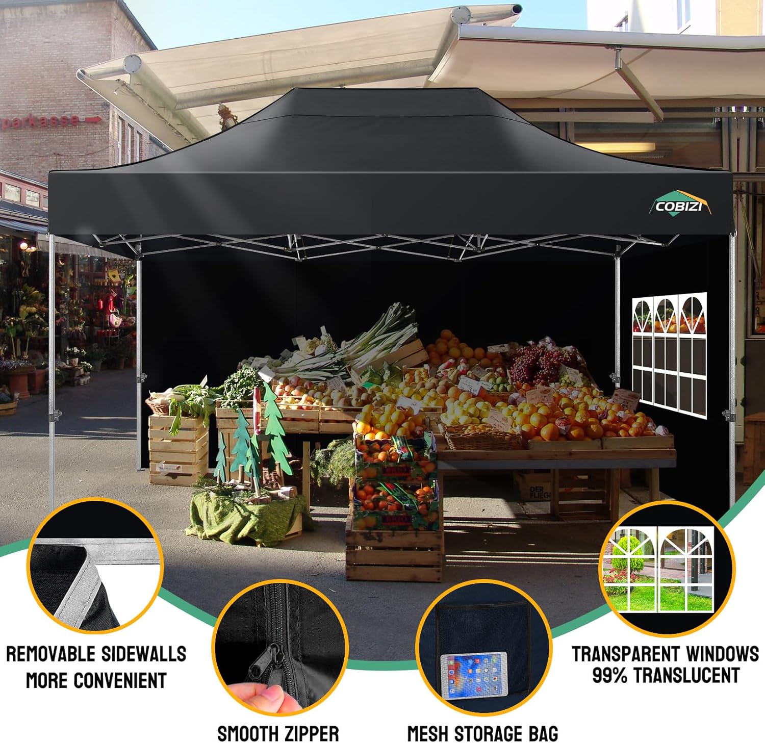 COBIZI Faltpavillon Pavillon 3x4.5 Wasserdicht Stabil, Outdoor Faltbar Garten Pavillon UV Schutz 50+, Partyzelt mit 4 Seitenteilen, Schwarz