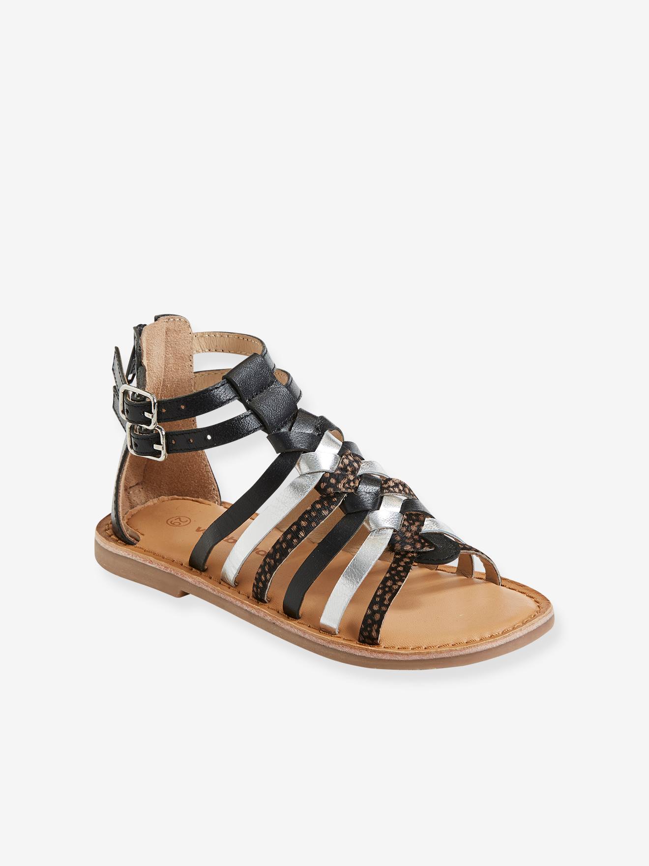 Sandálias de couro estilo alpargata para meninas, cinza metálico médio