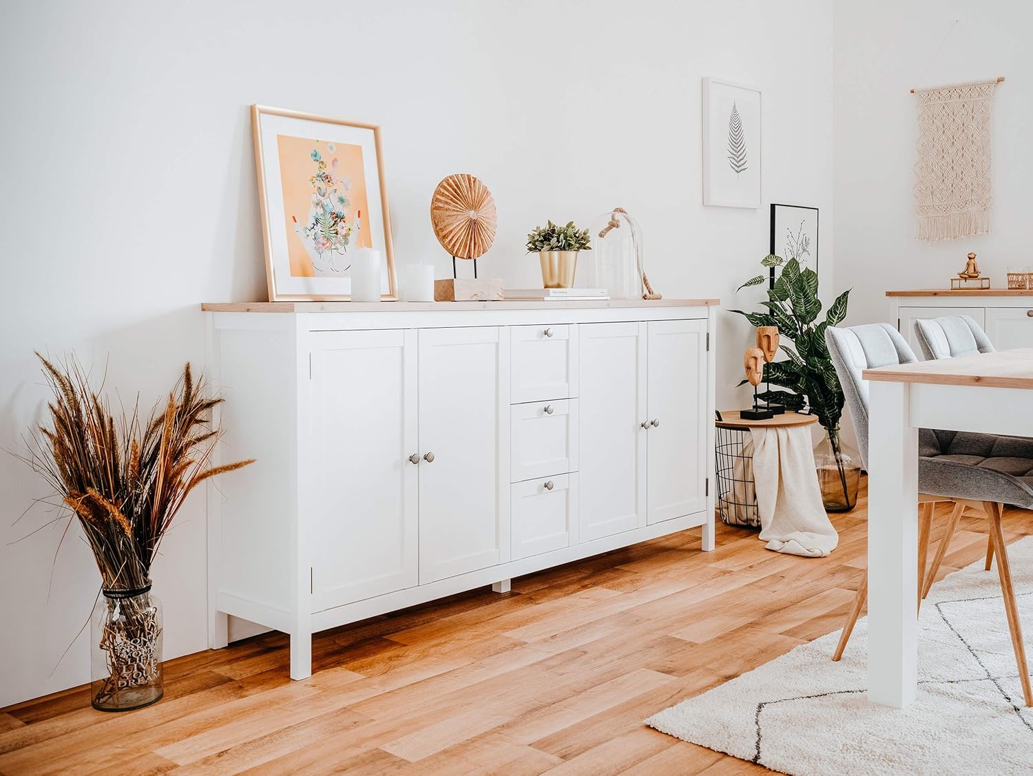 Newfurn Kommode Weiß Wildeiche Sideboard Vintage Landhaus - 180x90x40 cm (BxHxT) - Highboard Anrichte - [Eireen.Three] Wohnzimmer Schlafzimmer Flur Esszimmer