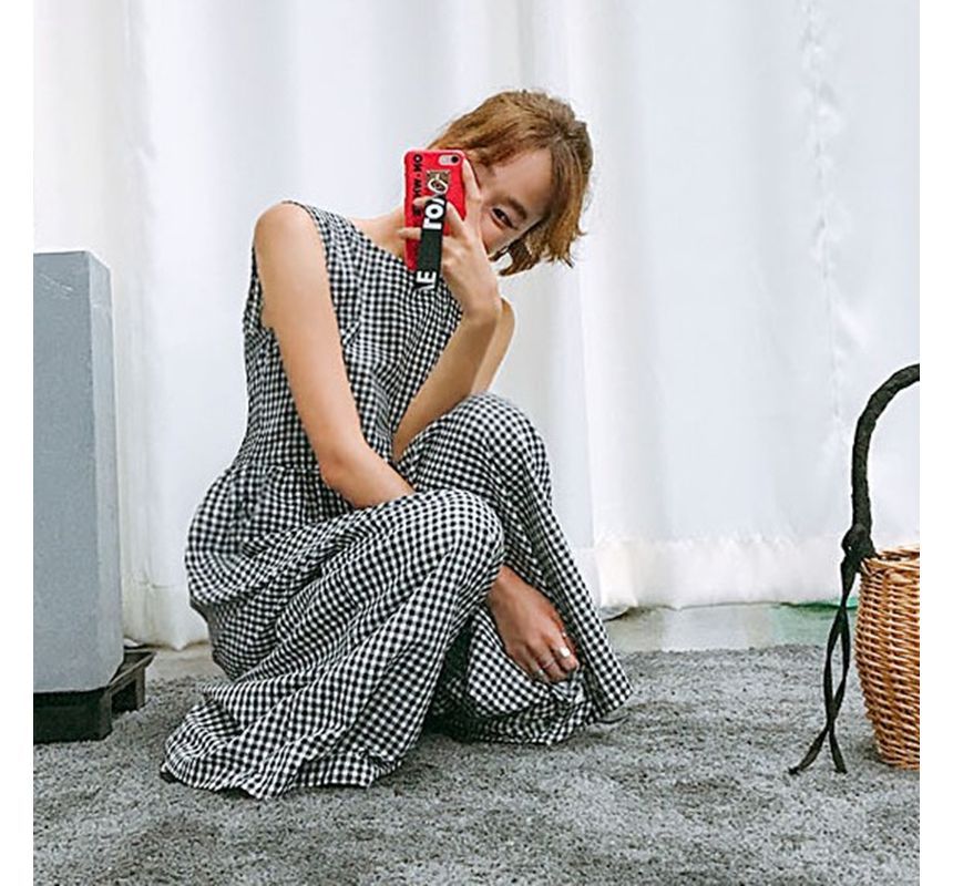 Felixia - Mouwloze ronde hals geruite cropped jumpsuit met wijde pijpen