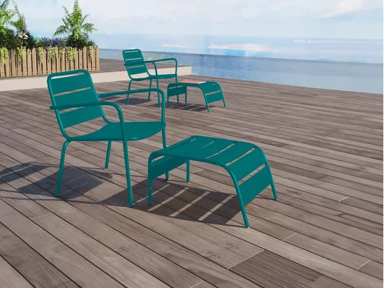 Fauteuil bas de jardin empilable + repose pied en métal - Bleu canard - MIRMANDE de MYLIA