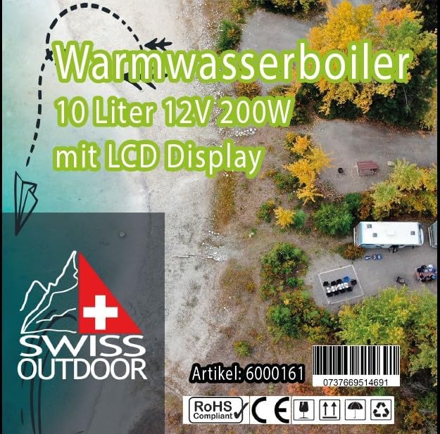 SWISS OUTDOOR S.O. Camper Warmwasserboiler 10 Liter 12V 200W mit LCD Display Bedienelement Wohnwagen Wohnmobil Boiler Wasserversorgung Wasserboiler Warmwasser