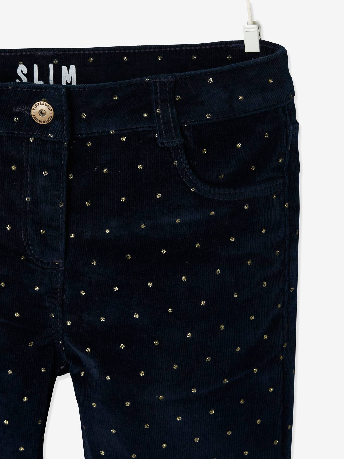 Calças de veludo cotelê slim-fit da MorphologiK com bolinhas iridescentes para meninas, com modelagem ampla no quadril e estampa azul-escura.