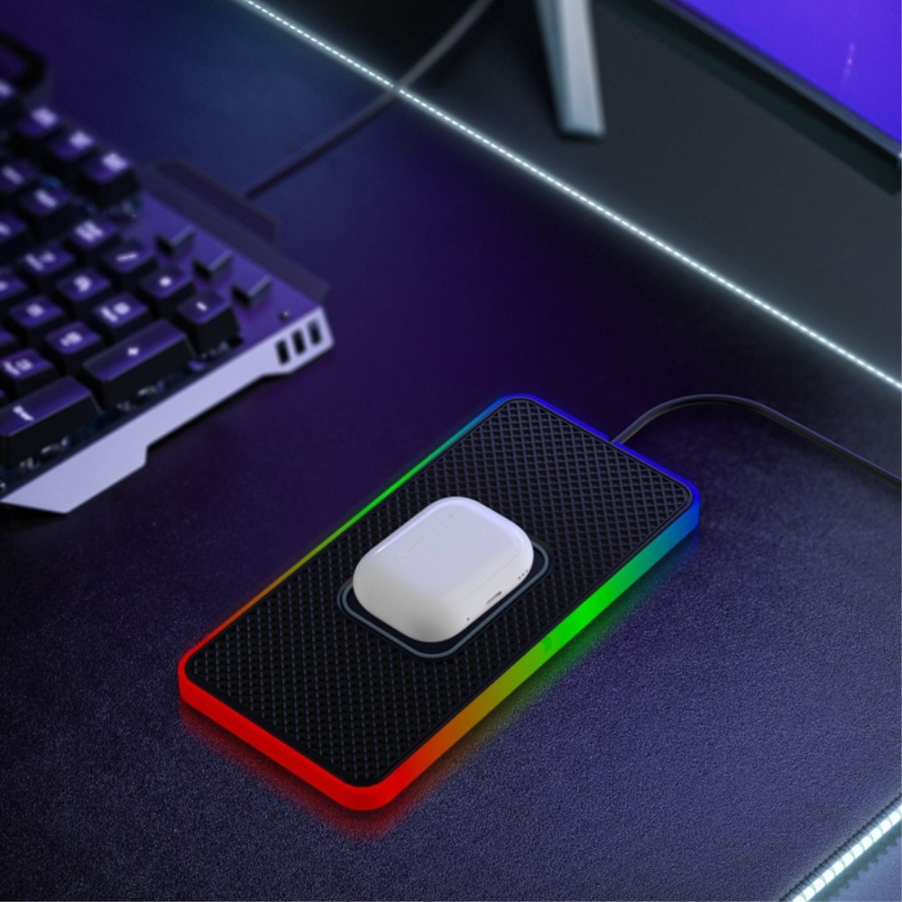 (1m) 15W USB C Qi Wireless Charging Ladegerät Auto Anti Rutsch Ladematte mit LED Beleuchtung - Schwarz