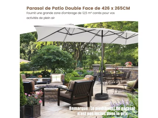 Parasol de Jardin Double XXL 426 x 265cm Poignée à Manivelle,Sommet Ventilé Polyester Structure Métallique à 10 Côtes （Beige)