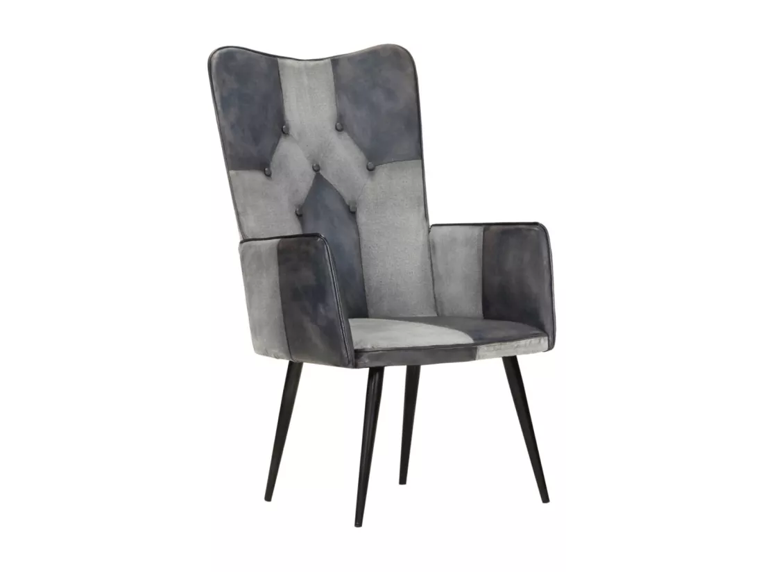 Fauteuil à oreilles Gris Cuir véritable