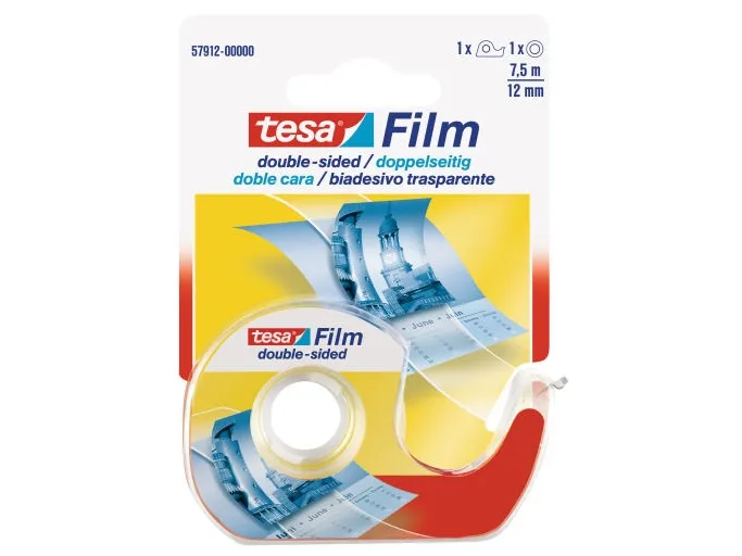 Dobbeltklæbende kontortape Tesafilm, 12 mm x 7,5 m, med dispenser