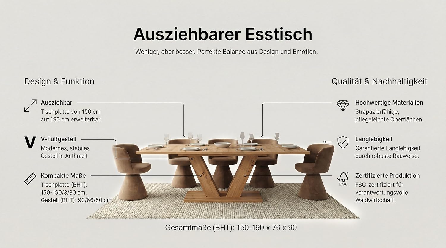 Newroom Esstisch Ausziehbar Wildeiche Esszimmertisch Modern - 150x76x90 cm (BxHxT) - Tisch Küchentisch Speisetisch - Esszimmer Küche Wohnzimmer