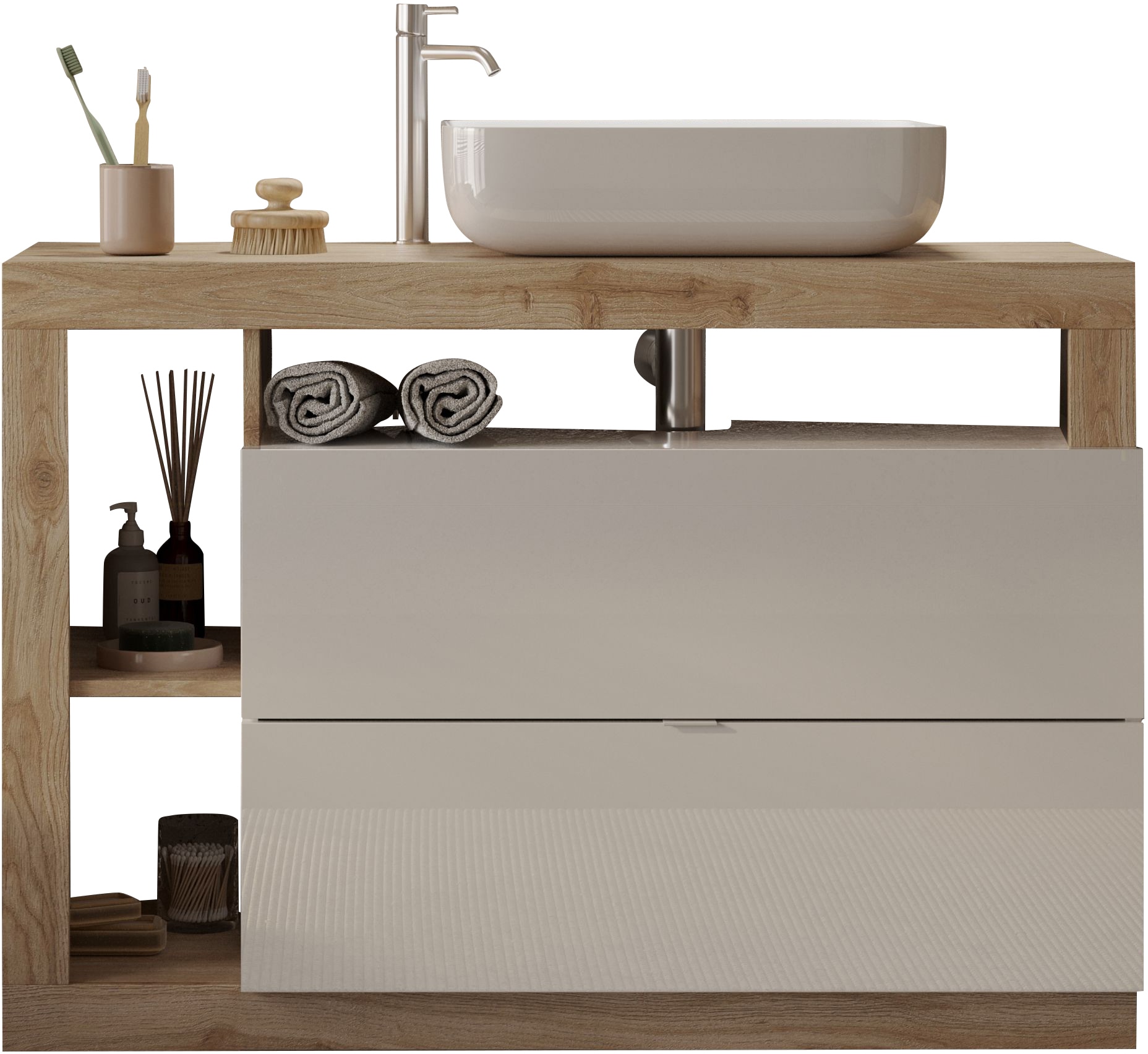 welltime Waschtisch »Hamburg« 2 Schubkästen, Breite 110 cm, Soft-Close, inkl. Keramik-Aufsatzbecken