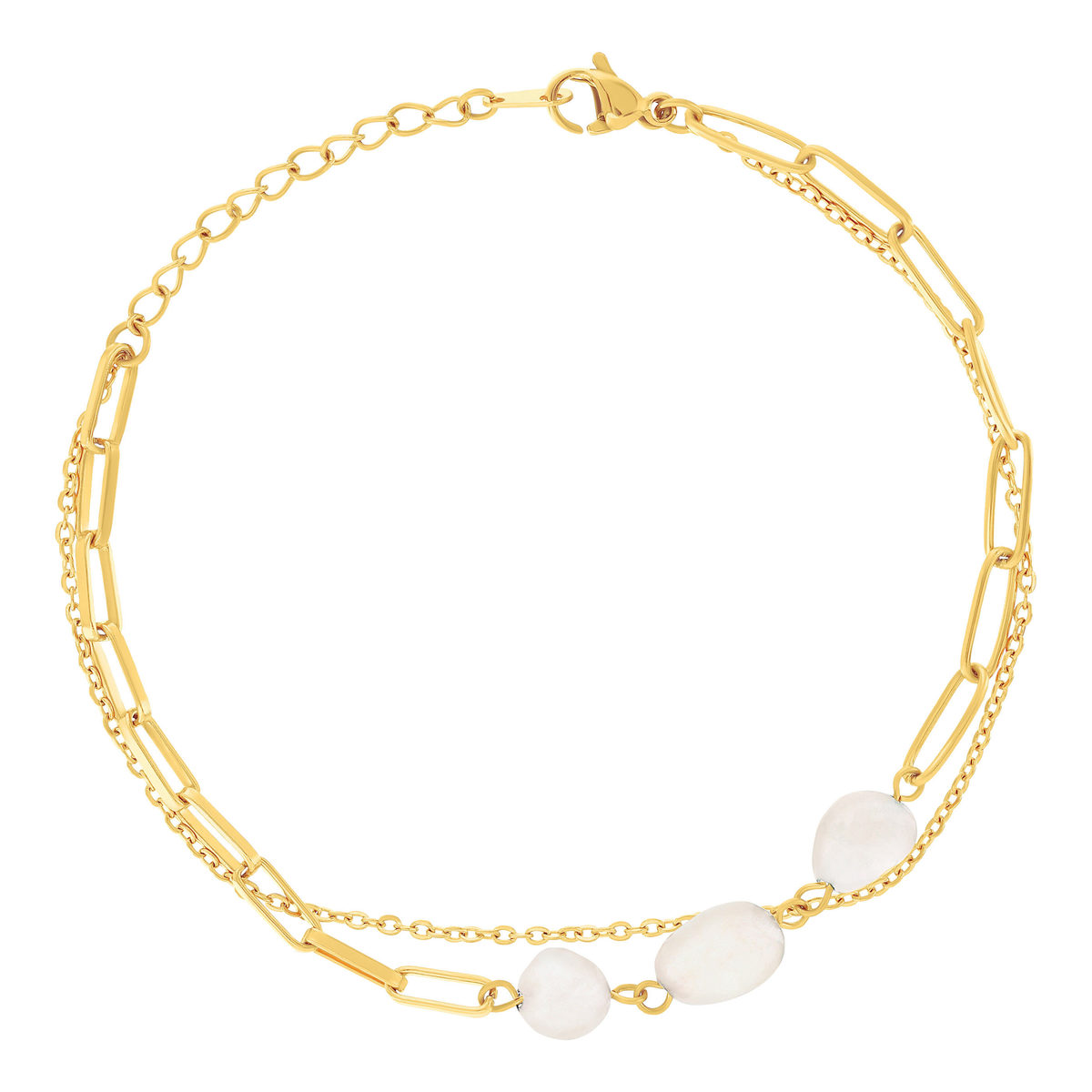Bracelet acier doré 2 rangs 3 amazonites blanches 20 cm