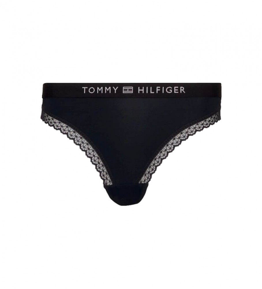 Calcinha Tommy Hilfiger com renda tonal e logotipo azul-marinho.