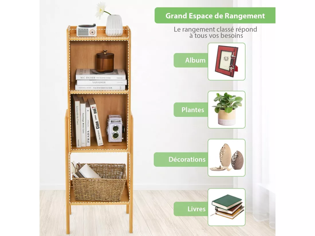 Bibliothèque Étagère Rangement en Bambou, Meuble Case Compartiment Cube, Pieds Bords Surélevés, Meuble Bibliothèque pour Petit Espace, Chambre, Salon, Cuisine (Jaune, 113 CM)