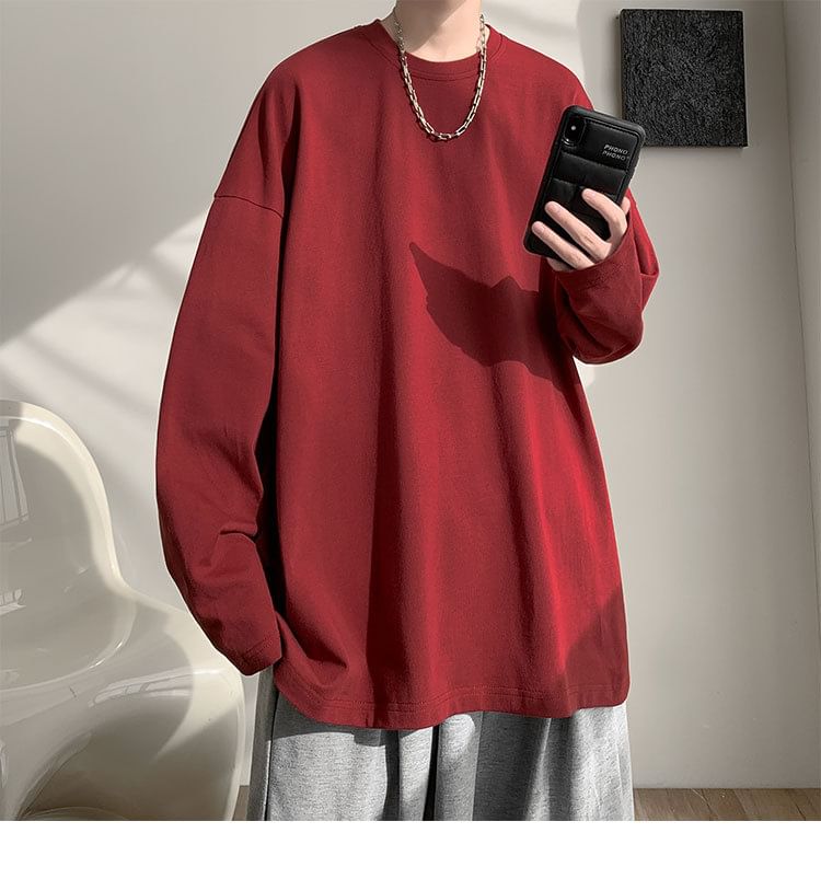 FOEV - T-shirt met lange mouwen, ronde hals en effen oversized print