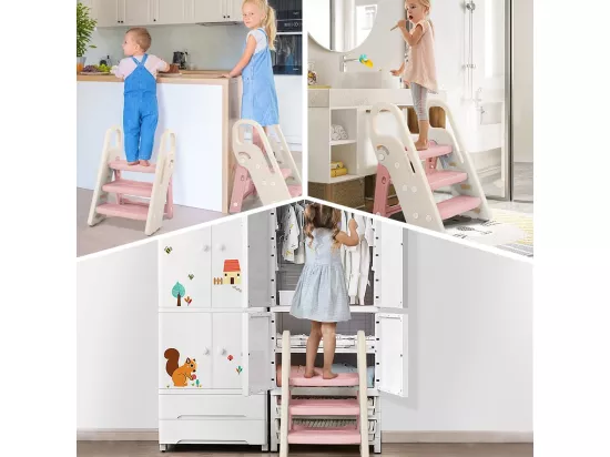 Marchepied Pliable pour Enfant Bébé avec 3 Marches Antidérapant, Rehausseur Stable, Hauteur Réglable, Multifonction avec Poignées Sécurité, Rose et beige