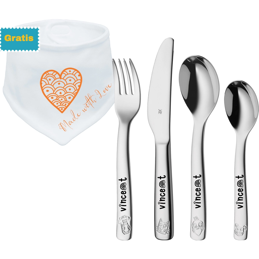 Schnullireich Geschenkset mit Namen WMF Kinderbesteck Farm + Gratis Sabberlätzchen Love Silber