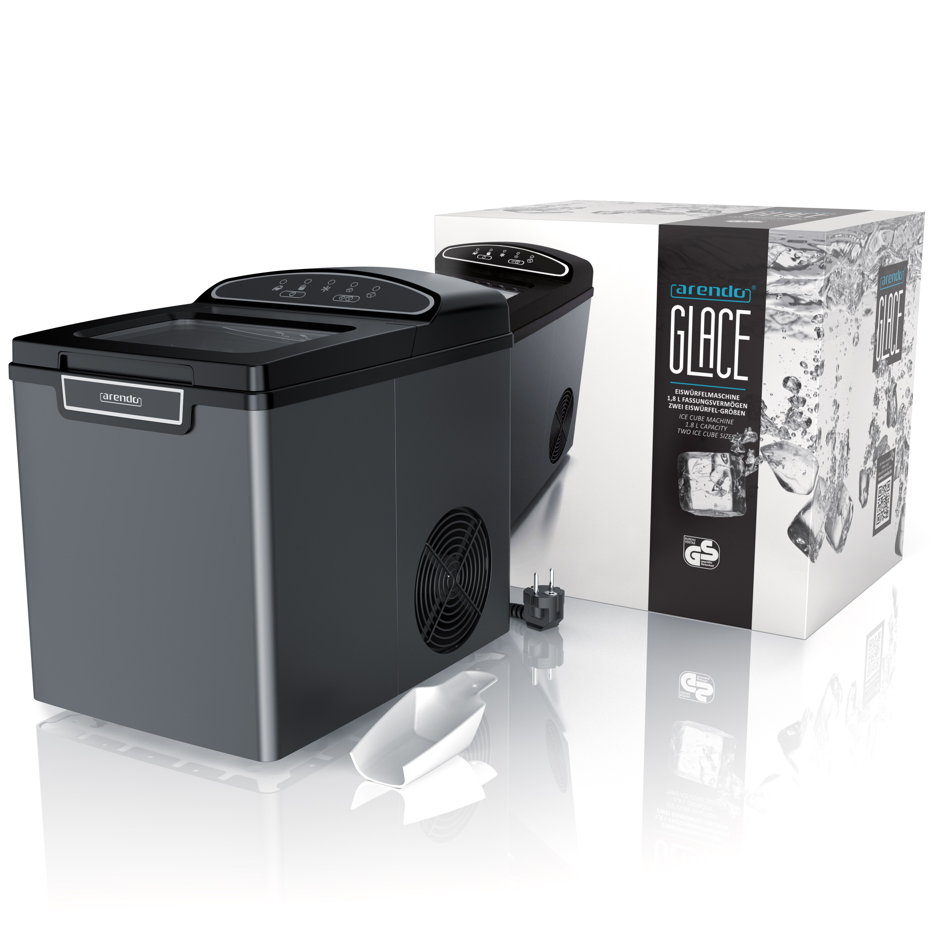 Arendo Eiswürfelmaschine elektrisch 105 W, Eiswürfelbereiter, 1,8 Liter Wassertank, Ice Cube Maker, 9 Eiswürfel pro Durchgang, 12 - 15 kg / 24 h, Grau
