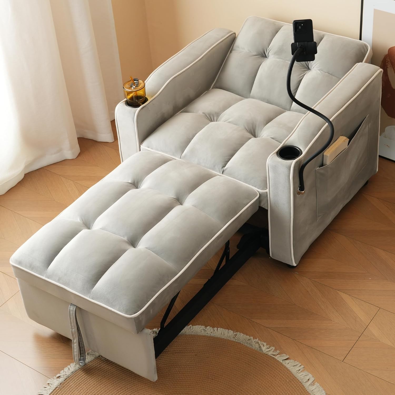3-in-1 Ausziehbares Einzel-Schlafsofa – Mit Getränkehaltern und Handyhalter, Sofa-Liegestuhl, Schlafstuhl, Sessel, Perfekt für kleine Räume,83 * 167 * 76cm,Antikgrau-Weiß