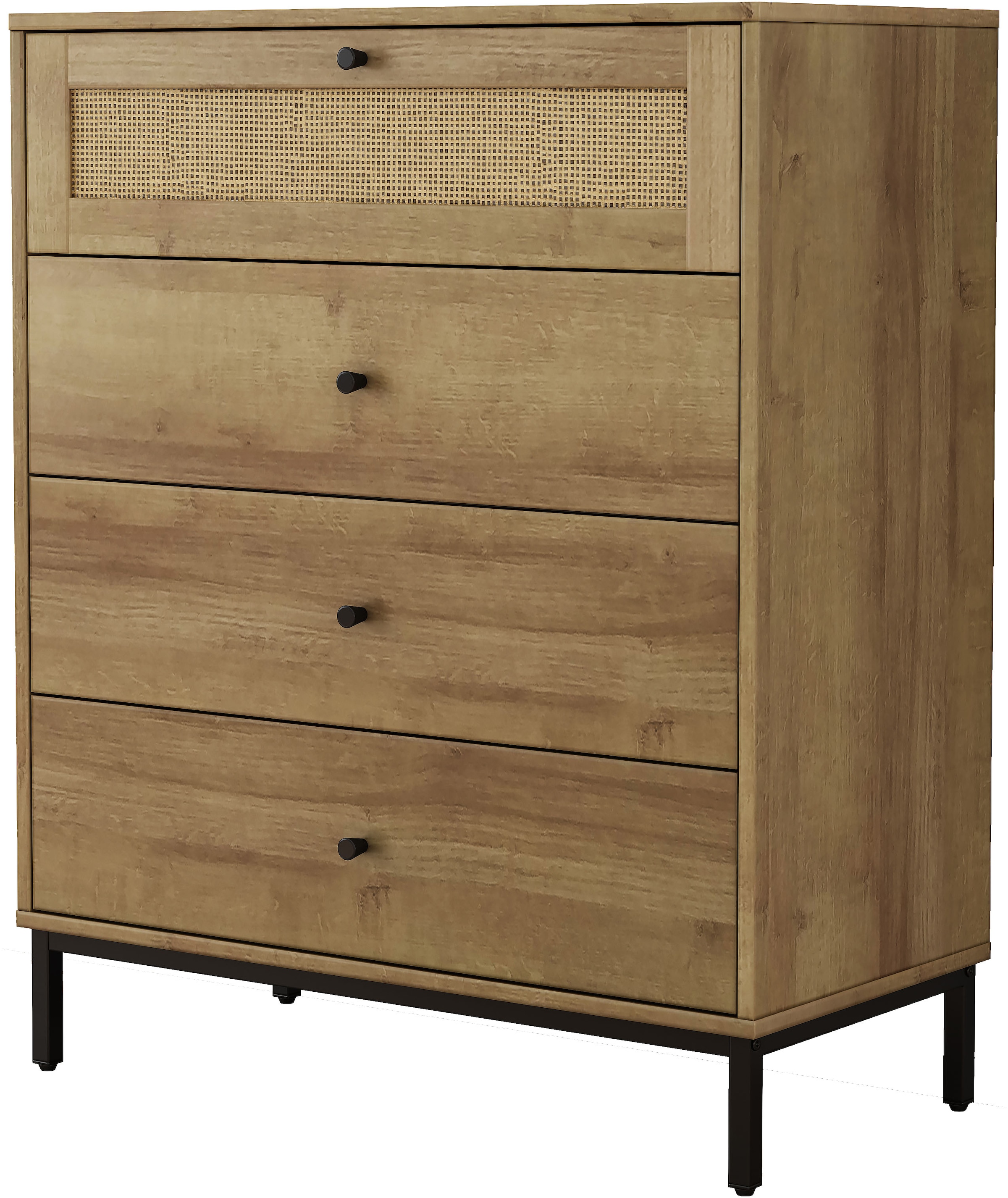 GOODproduct Kombikommode »Motala Sideboard Wäscheschrank im BOHO Design Bestseller Kommode« Eichen-Design mit Geflecht Schublade und schwarzen Griffen,