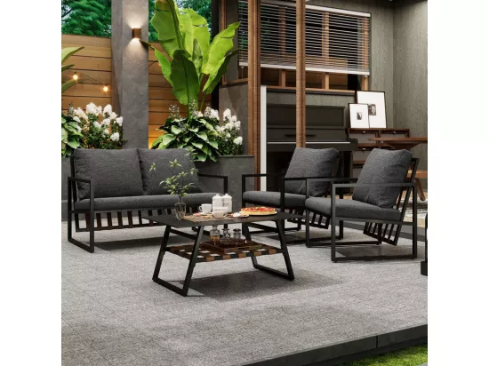 Salon de jardin 4 places - canapé, 2 fauteuils et 1 table basse avec étagère - tube en acier galvanisé et sangles en PVC - coussins amovible et lavable - Noir