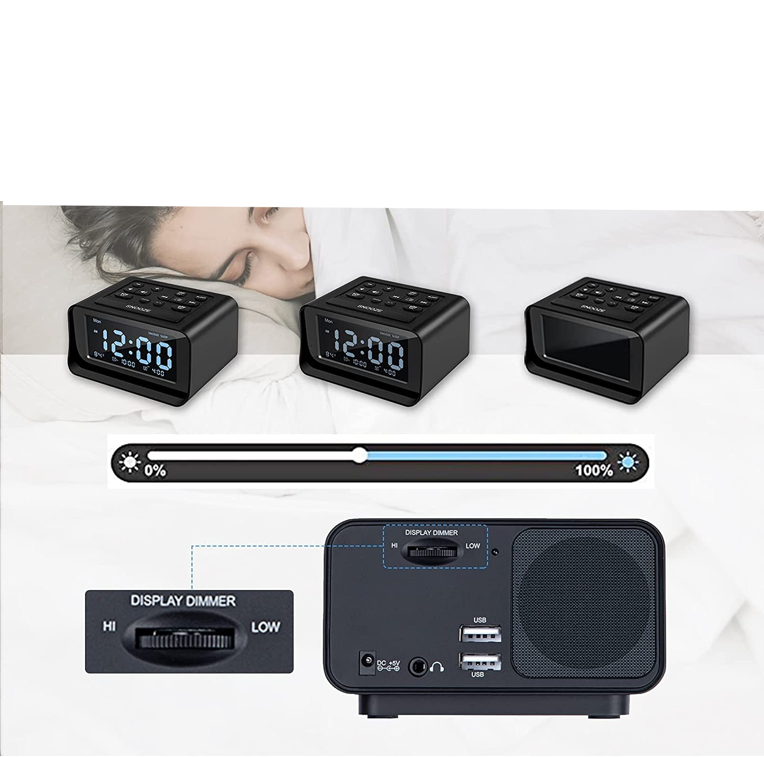 Digitaler LED Wecker mit FM Radio und Thermometer   Dual USB Ladeport / 3.5mm Klinke - Schwarz