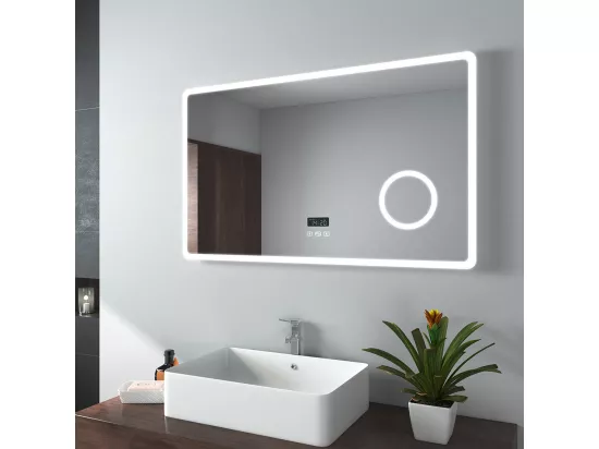 EMKE Miroir lumineux salle de bain 100x60cm, Miroir LED avec Interrupteur Tactile, Anti-buée, 3x Grossissement, Bluetooth, 3 couleurs de Lumières