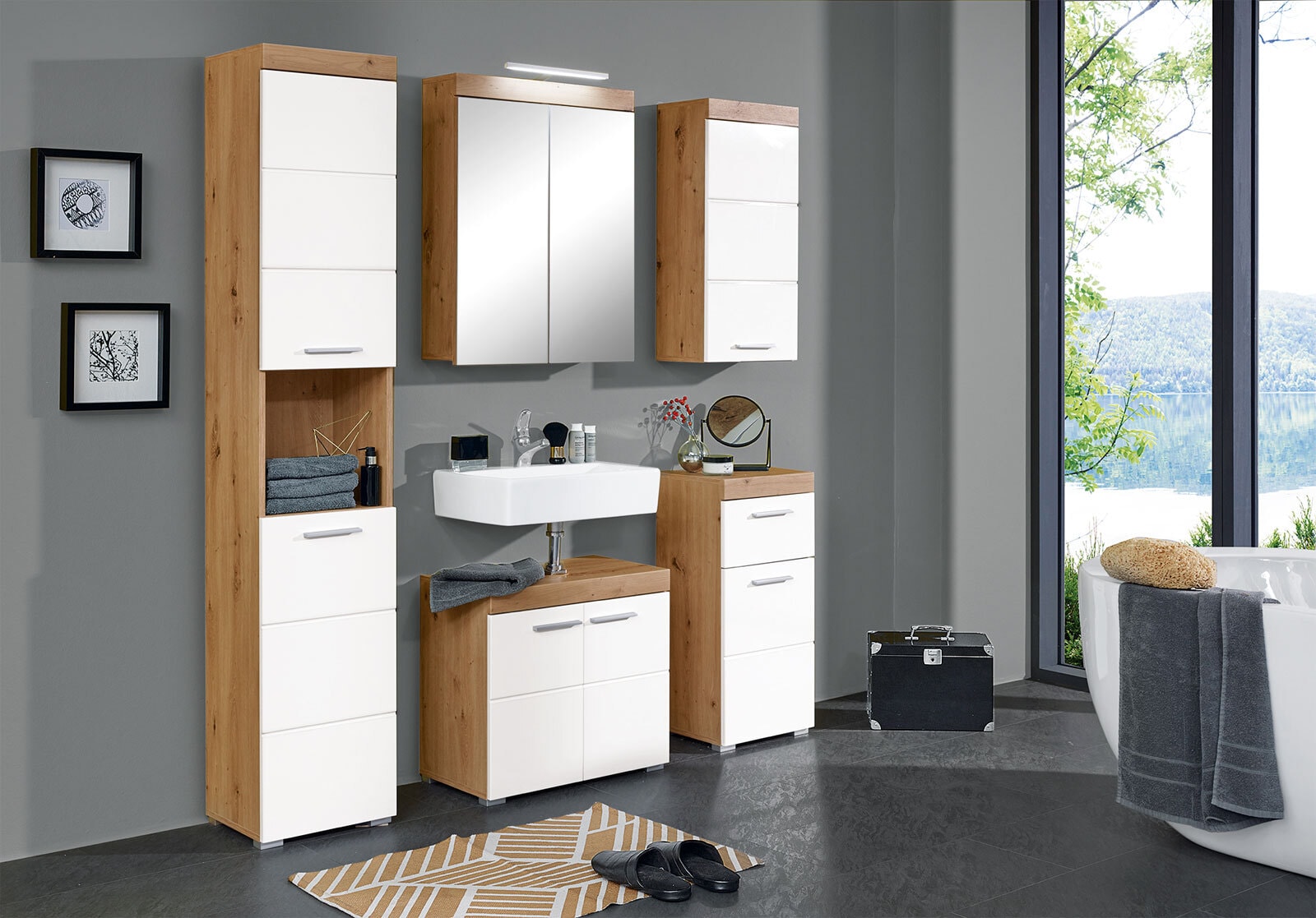 Hochschrank Amanda Weiß Hochglanz/Asteiche Nachbildung 37 x 190 x 31 cm
