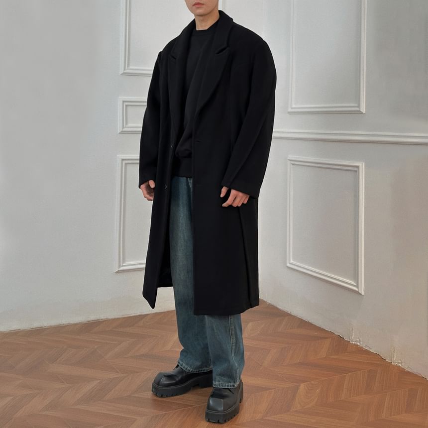 DragonRoad - Peak Lapel Plain Midi Single-Breasted Coat