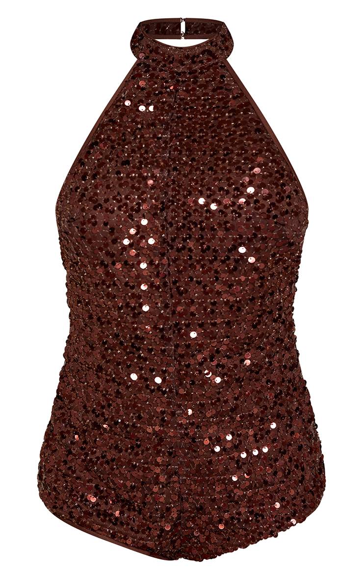 Chocolat Combinaison Courte À Sequins Col Montant Dos Nu