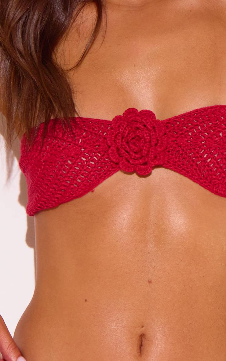 Rouge Haut De Bikini Bandeau À Appliqué Floral Au Crochet