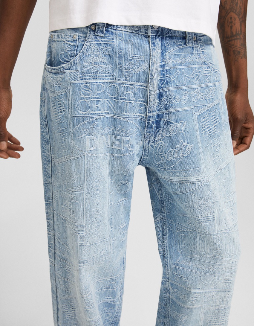calça jeans jacquard folgada